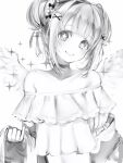  +_+ 1girl absurdres bare_shoulders blunt_bangs choker collarbone copyright_request frills greyscale hair_ornament hairclip head_tilt highres looking_at_viewer monochrome nanashi_(nlo) simple_background smile solo sparkle upper_body wings x_hair_ornament 