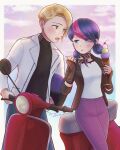  1boy 1girl adrien_agreste black_gloves black_jacket black_shirt blazer blonde_hair blue_eyes blue_hair blue_pants blush catnoir_love cloud cloudy_sky food gloves green_eyes highres holding holding_spoon ice_cream jacket looking_at_another marinette_dupain-cheng miraculous_ladybug motor_vehicle motorcycle open_clothes open_jacket open_mouth pants pink_pants scooter shirt short_hair short_twintails sky spoon twintails vespa white_jacket white_shirt 