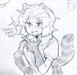  1girl :d animal_ears bad_id bad_twitter_id bow commentary_request common_raccoon_(kemono_friends) fang gloves greyscale hair_between_eyes hand_on_own_hip hand_up highres inactive_account jmeysan kemono_friends looking_at_viewer monochrome open_mouth pleated_skirt raccoon_ears raccoon_tail short_hair short_sleeves sketch skirt smile solo sparkle tail traditional_media translation_request 