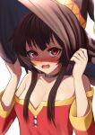  1girl absurdres blush breasts brown_hair cleavage collar dress hat highres kawaseri1 kono_subarashii_sekai_ni_shukufuku_wo! looking_at_viewer medium_breasts megumin nose_blush off-shoulder_dress off_shoulder red_dress red_eyes solo witch_hat 