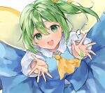  1girl ascot commentary daiyousei flua_(fee_de_la) green_eyes green_hair hair_between_eyes highres looking_at_viewer open_mouth reaching reaching_towards_viewer short_sleeves side_ponytail simple_background smile solo teeth touhou upper_teeth_only white_background wings yellow_ascot 