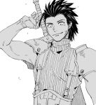  1boy arm_up armor black_hair buster_sword closed_mouth commentary crisis_core_final_fantasy_vii cross_scar earrings final_fantasy final_fantasy_vii gloves greyscale hair_slicked_back jewelry looking_at_viewer male_focus monochrome ribbed_sweater scar scar_on_cheek scar_on_face shoulder_armor shouyu_(soysoy) simple_background sleeveless sleeveless_turtleneck smile solo spiked_hair stud_earrings suspenders sweater sword sword_on_back turtleneck turtleneck_sweater upper_body weapon weapon_on_back zack_fair 