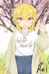  absurdres blonde_hair casual cherry_blossoms cherry_tree collarbone copyright_name crescent crescent_necklace etsuransha_no_rei highres jewelry kantai_collection long_hair necklace ring satsuki_(kancolle) shirt signature twintails wedding_ring white_shirt yellow_eyes 