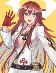  1girl arm_up belt bodysuit breasts cleavage gloves green_eyes guilty_gear guilty_gear_strive hair_between_eyes halo hand_up hazuki_(nyorosuke) highres jack-o&#039;_valentine long_hair looking_at_viewer multicolored_hair open_mouth red_hair smile solo spiked_halo teeth two-tone_hair upper_teeth_only waving white_bodysuit white_hair 