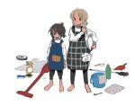  2girls a_channel adjusting_strap alternate_costume alternate_hairstyle antenna_hair apron arms_at_sides barefoot black_apron black_eyes black_pants blonde_hair blue_apron bottle broom bucket commentary_request duster dustpan frown full_body funao_oekaki hand_up holding holding_duster holding_vacuum_cleaner ichii_tooru long_sleeves looking_at_viewer low_twintails momoki_run multiple_girls no_mouth pants plaid plaid_apron robotic_vacuum_cleaner serious shirt short_hair short_ponytail short_twintails side-by-side sidelocks sponge spray_bottle standing toothbrush towel twintails v-shaped_eyebrows white_background white_shirt 