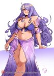  1girl absurdres bare_shoulders bikini breasts camilla_(fire_emblem) commentary deliciousbrain feet_out_of_frame fire_emblem fire_emblem_fates grin hair_over_one_eye highres large_breasts long_hair looking_at_viewer purple_bikini purple_eyes purple_hair sarong simple_background smile solo standing swimsuit thighs very_long_hair white_background 