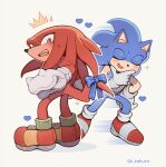  2boys animal_ears artist_name blue_bow blue_fur bow furry furry_male gloves heart highres knuckles_the_echidna multiple_boys open_mouth purple_eyes red_footwear red_fur shoes simple_background sk_rokuro sonic_(series) sonic_the_hedgehog tail tail_bow tail_ornament teeth two-tone_footwear upper_teeth_only white_background white_footwear white_gloves yellow_footwear 