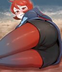  1girl arezu_(pokemon) ass black_shorts blush breasts commentary_request cowlick gradient_legwear grey_jacket highres hood hooded_jacket jacket lying nutkingcall on_side pantyhose pokemon pokemon_legends:_arceus red_eyes red_hair shorts smile solo sweat thighs wedgie 