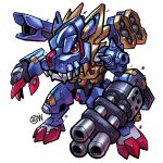  arm_cannon armor artist_logo blue_armor commission cwdw cyborg digimon digimon_(creature) gatling_gun highres looking_at_viewer metalgarurumon metalgarurumon_x-antibody red_eyes sharp_teeth shoulder_cannon simple_background solo teeth weapon white_background wolf 