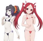  2girls bikini black_bikini black_hair bow breasts grin hair_bow highres long_hair looking_at_viewer micro_bikini mole mole_under_eye multiple_girls nanina_(nijnan) navel open_mouth pale_skin ponytail purple_eyes red_bikini red_eyes red_hair red_nails rommy_(tales) side-tie_bikini_bottom simple_background small_breasts smile swimsuit symonne_(tales) tales_of_(series) tales_of_the_tempest tales_of_zestiria teeth twintails white_background 