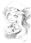  1girl absurdres artist_name chest_jewel collared_shirt fangs fangs_out flandre_scarlet frilled_hat frilled_neckerchief frilled_shirt frilled_shirt_collar frills gem greyscale hair_between_eyes hat hat_ornament hat_ribbon heart highres johnalay looking_at_viewer medium_hair mob_cap monochrome neckerchief open_mouth portrait ribbon shirt signature simple_background smile solo tongue touhou traditional_media vampire vest white_background white_shirt 
