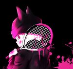  1boy beanie black_background black_hat black_jacket black_sleeves blood blood_drip blood_on_clothes blood_on_face blood_on_hands blood_splatter commentary_request danganronpa_(series) danganronpa_v3:_killing_harmony from_behind hat holding_tennis_racket horned_hat hoshi_ryoma jacket leather leather_jacket long_sleeves looking_at_viewer male_focus over_shoulder pink_blood pink_eyes pink_theme short_hair simple_background solo upper_body uuu_knock4n v-shaped_eyes weapon weapon_over_shoulder zipper 