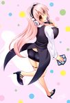  blush breasts card cleavage cosplay headphones high_heels holding holding_card kouki_kuu large_breasts long_hair looking_at_viewer miniskirt nitroplus open_mouth pencil_skirt pink_hair red_eyes rio_rollins rio_rollins_(cosplay) skirt solo super_blackjack super_sonico 