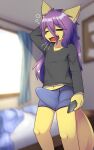 2024 5:8 anthro bed bedroom blurred_background bulge canid canine cellphone clothed clothing digital_media_(artwork) electronics emanata erection erection_under_clothing eyes_closed fox fur furniture girly hair hand_behind_head hane hi_res holding_cellphone holding_object holding_phone holding_smartphone itsuki_(hane) kemono long_hair male male_anthro mammal morning_wood navel open_mouth phone portrait purple_hair shirt smartphone solo tail teeth three-quarter_portrait tongue topwear underwear waking_up yawn yellow_body yellow_fur
