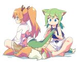  2girls :o animal_ears barefoot blonde_hair blue_eyes cat_ears cat_tail dragon_girl dragon_horns dragon_tail fake_animal_ears fake_animal_ears_removed fake_tail feet green_hair highres horns japanese_clothes low_twintails multiple_girls original purple_eyes roku_no_hito sash shorts simple_background sitting smile tail tank_top toes twintails white_background white_shorts 