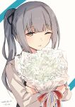  1girl alternate_costume bouquet brown_eyes grey_hair hair_ribbon hugging_object kantai_collection kasumi_(kancolle) long_hair looking_at_viewer one_eye_closed ribbon satsumi side_ponytail solo upper_body white_background 