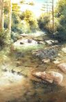  bush dappled_sunlight day forest grass highres nature original painting_(medium) plant river riverbank rock scenery shimizu_megumi_(m_acquerello) sunlight traditional_media tree tree_shade watercolor_(medium) weeds 