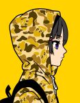  1girl alternate_costume backpack bag black_bag black_hair closed_mouth expressionless fashion from_side hair_ornament hairclip highres hood hood_up hoodie looking_ahead mode_aim nijisanji panasonynet peanuts-kun profile purple_eyes solo tied_drawstring tsukino_mito virtual_youtuber yellow_background yellow_hoodie 