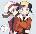  1boy 1girl ? backwards_hat black_eyes black_hair black_hat blue_overalls bow brown_eyes brown_hair cabbie_hat commentary_request edlsov3363 ethan_(pokemon) grey_background hat hat_bow holding_own_arm long_sleeves looking_at_another looking_to_the_side lyra_(pokemon) overalls pokemon pokemon_hgss red_bow red_shirt shirt spoken_question_mark sweatdrop twintails two-tone_hat upper_body white_hat yellow_hat 