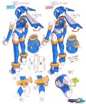  1girl absurdres armor blue_armor blue_footwear blue_helmet boots commentary_request concept_art copyright_name crop_top fairy_leviathan_(mega_man) full_body high_heel_boots high_heels highres mega_man_(series) mega_man_x_(series) mega_man_x_dive mega_man_zero_(series) mega_man_zero_1 mega_man_zero_3 multiple_views nakayama_tooru official_art reference_sheet second-party_source simple_background thigh_boots translation_request white_background 