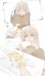  ... 2girls blonde_hair blush brown_sweater cellphone closed_mouth coat commentary contemporary dungeon_meshi elf falin_touden falin_touden_(tallman) fork fur-trimmed_coat fur_trim grey_coat grey_hair highres holding holding_fork holding_phone le_(szs0k) long_hair marcille_donato medium_hair multiple_girls orange_eyes phone pointy_ears ribbed_sweater sleeping smartphone smile spoken_ellipsis sweater taking_picture under_covers unusually_open_eyes yuri 