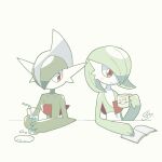  arm_blade bob_cut book coffee_mug colored_skin cup gallade gardevoir green_hair hair_over_one_eye highres holding holding_cup iie_efg milcery mug multicolored_skin pink_eyes pokemon pokemon_(creature) reading simple_background smile two-tone_skin weapon white_background white_skin 