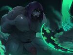  2boys abs arms_behind_back bara beard blank_eyes colored_skin commission completely_nude facial_hair full_beard girthy_penis glowing glowing_eyes green_skin grey_skin highres holding holding_scythe hood hood_up huge_pectorals imminent_death kneeing league_of_legends male_focus manboobs mature_male monster_boy mordekaiser multiple_boys muscular muscular_male navel navel_hair nipples nude penis saury_dog scythe second-party_source shaded_face solo_focus strongman_waist thick_beard thick_thighs thighs uncensored yaoi yorick_(league_of_legends) 