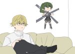  1boy 1girl black_dress black_pants blonde_hair bound closed_mouth couch crossed_legs dress duct_tape expressionless glasses green_hair kid_taped_to_wall_(meme) land_(sousou_no_frieren) meme on_couch pants perutore purple_eyes short_hair sitting smile sousou_no_frieren ubel_(sousou_no_frieren) 