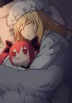  1boy 1girl ahoge bed blanket blonde_hair blue_pajamas candy character_doll date_a_live food highres itsuka_kotori kannazuki_kyouhei kujira_ataru lollipop pajamas pillow red_hair sleeping twintails 