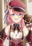  1girl :d absurdres aqua_eyes bare_shoulders brooch cabbie_hat charlotte_(genshin_impact) commentary detached_sleeves genshin_impact hat highres jewelry looking_at_viewer monocle open_mouth pink_hair red_hat shirt smile solo suspenders upper_body watatai white_shirt 