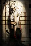  ami_thompson bad_id bad_pixiv_id blood hair_over_one_eye heather_mason highres hood hoodie injury lead_pipe lips no_pupils nose short_hair silent_hill_3 sleeveless sleeveless_hoodie solo tile_wall tiles 