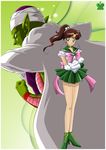  alien bishoujo_senshi_sailor_moon boots brown_hair cape clenched_fist clenched_hand crossover dragon_ball dragonball_z earrings gloves green green_shoes highres jewelry long_ears piccolo pointy_ears ponytail sailor_jupiter shoes skirt star tiara 