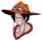  1boy black_hair clenched_teeth commentary_request freckles hat highres jewelry looking_at_viewer male_focus max801115 necklace one_piece orange_hat pearl_necklace portgas_d._ace portrait short_hair signature simple_background smile solo teeth twitter_username white_background 