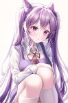  1girl alternate_costume bow bowtie collared_shirt commentary_request cone_hair_bun contemporary double_bun dress felicia8 genshin_impact hair_between_eyes hair_bun head_tilt highres keqing_(genshin_impact) kneehighs long_hair long_sleeves looking_at_viewer pinafore_dress purple_eyes purple_hair red_bow red_bowtie school_uniform shirt sidelocks simple_background sleeveless sleeveless_dress socks solo squatting twintails white_background white_shirt white_socks 