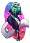 2023 anthro artist_logo azaleesh biped breasts clothing ear_piercing felid female front_view full-length_portrait green_eyes green_nose green_tongue hi_res holding_breast jiara_jaro_(coltron20) logo mammal meme meme_clothing nipple_outline one_eye_closed piercing portrait pose saber-toothed_tiger smile solo string_jumpsuit tongue tongue_out wink year