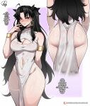  1girl absurdres almualim armlet ass back bare_shoulders black_hair blush bracelet breasts choker cleavage commentary dress earrings english_commentary english_text fate/grand_order fate_(series) highres ishtar_(fate) jewelry long_hair looking_at_viewer mixed-language_commentary multiple_views navel paid_reward_available red_eyes smile thighlet white_dress 
