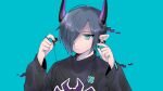  +_+ 1boy androgynous bad_id black_sweater blue_background blue_eyes blue_hair closed_mouth earphones expressionless glitch hair_between_eyes hair_over_one_eye hands_up holding holding_earphones horns jewelry jmeysan long_sleeves looking_at_viewer male_focus original pointy_ears ring short_hair simple_background solo sweater upper_body 
