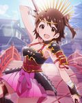  :d arm_up armor armpits artist_request bandages brown_eyes brown_hair hair_ornament hairclip headband idolmaster idolmaster_million_live! japanese_clothes jewelry kasuga_mirai looking_at_viewer official_art one_side_up open_mouth skirt smile thighlet weapon wrist_wrap 