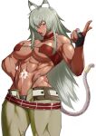  1girl abs absurdres animal_ear_fluff animal_ears bandeau bare_shoulders belt black_panties breasts bridal_gauntlets cat_ears cat_girl cat_tail choker cleavage collarbone commentary_request cowboy_shot dark-skinned_female dark_skin eyepatch fang ghislaine_dedoldia green_pants grey_hair hair_between_eyes hand_on_own_hip highleg highleg_panties highres index_finger_raised kureshi_(hannzi) large_breasts long_hair looking_at_viewer muscular muscular_female mushoku_tensei navel obliques open_belt open_mouth open_pants panties pants partial_commentary red_bandeau red_choker red_eyes scar scar_on_cheek scar_on_face scar_on_stomach sidelocks simple_background solo standing stomach tail tail_ornament tail_ring teeth underwear white_background 