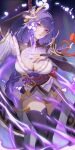  1girl absurdres braid breasts cleavage drawing_sword electricity electrokinesis flower genshin_impact hair_ornament highres holding holding_sword holding_weapon human_scabbard japanese_clothes kimono large_breasts long_hair looking_at_viewer low-braided_long_hair low-tied_long_hair mole mole_under_eye musou_isshin_(genshin_impact) obi purple_eyes purple_hair purple_lips purple_nails raiden_shogun sash solo sword sword_between_breasts thighhighs user_vuan2785 very_long_hair weapon 
