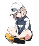  1girl baseball_cap bike_shorts blue_eyes breasts dot_nose earrings full_body grey_hair hat idolmaster idolmaster_shiny_colors indian_style jacket jewelry looking_at_viewer multicolored_clothes multicolored_jacket nike_(company) serizawa_asahi shoe_soles shoes short_hair shuuto_(shu-toritu) simple_background sitting small_breasts smile sneakers socks solo tongue tongue_out two-tone_jacket white_background white_socks yellow_footwear zipper zipper_pull_tab 