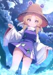  1girl absurdres animal_print blonde_hair blurry blurry_background blush_stickers breasts bright_pupils brown_hat clenched_hands cloud commentary_request darumoon feet_out_of_frame frog_print from_below full_moon hair_ribbon hat high-waist_skirt highres horizontal_pupils looking_at_viewer medium_hair moon moriya_suwako mountainous_horizon night night_sky parted_bangs partial_commentary print_vest purple_skirt purple_vest red_ribbon red_sleeves ribbon ribbon-trimmed_sleeves ribbon_trim shirt skirt skirt_set sky small_breasts smile solo split_mouth standing star_(sky) starry_sky thighhighs thighs touhou tress_ribbon turtleneck two-sided_fabric two-sided_sleeves vest w_arms water white_pupils white_shirt white_thighhighs wide_sleeves yellow_eyes zettai_ryouiki 