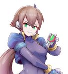  1girl aile_(mega_man_zx) biometal black_bodysuit blue_jacket bodysuit bodysuit_under_clothes breasts brown_hair cropped_jacket green_eyes henshin_pose highres holding jacket long_hair looking_at_viewer medium_breasts mega_man_(series) mega_man_zx mega_man_zx_advent model_x_(mega_man) model_z_(mega_man) open_clothes open_jacket ponytail robot_ears skin_tight uncleduk upper_body 