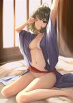  1girl bedside blue_eyes blue_kimono blush bottomless breasts cleavage collarbone green_hair groin highres idolmaster idolmaster_cinderella_girls japanese_clothes kimono medium_breasts mole mole_under_eye navel nyome991 one_eye_closed red_sash sash short_hair sitting solo takagaki_kaede thighs waking_up wariza yukata 