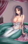  1girl arm_support black_hair blue_eyes completely_nude facial_mark forehead_mark highres lactation lamia long_hair midnight_(banyex) monster_girl nipples nude on_bed parted_bangs scales sitting solo very_long_hair xianjian_qixia_zhuan zhao_linger 