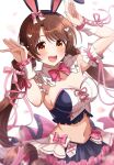 1girl animal_ear_hairband animal_ears arm_garter blush bow bowtie breasts brown_hair cleavage collarbone crop_top detached_collar fake_animal_ears falling_petals fingernails frilled_skirt frills hairband hands_up idolmaster idolmaster_cinderella_girls idolmaster_cinderella_girls_starlight_stage long_hair looking_at_viewer medium_breasts navel petals pink_bow pink_bowtie rabbit_ear_hairband rabbit_ears rabbit_pose sakura_ran shimamura_uzuki skirt smile solo stomach twintails very_long_hair 