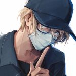  1boy adam&#039;s_apple amuro_tooru baseball_cap blue_eyes collared_shirt dark-skinned_male dark_skin finger_to_mouth glasses hair_between_eyes hariharitama hat head_tilt light_brown_hair looking_at_viewer male_focus mask meitantei_conan mouth_mask shirt short_hair shushing solo upper_body 