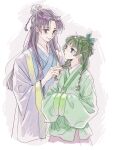  1boy 1girl androgynous blush chinese_clothes green_eyes green_hair hands_in_opposite_sleeves hanfu highres jinshi_(kusuriya_no_hitorigoto) kusuriya_no_hitorigoto long_hair looking_at_another maomao_(kusuriya_no_hitorigoto) matsuko_(mrimri3) purple_eyes purple_hair smile upper_body 