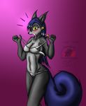  5_fingers anthro black_fur breasts clothing female fur hair long_hair looking_at_viewer mammal maple open_mouth pink_background plain_background purple_hair rodent snowfyre solo squirrel standing surprise undressing yellow_eyes 