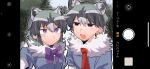  1boy 1girl :d animal_ear_fluff animal_ear_piercing animal_ears bad_id bad_twitter_id black_hair blue_shirt bow closed_mouth commentary_request common_raccoon_(kemono_friends) earrings fake_phone_screenshot fake_screenshot fang fur_collar grey_hair hair_between_eyes highres inactive_account jewelry jmeysan kemono_friends looking_at_another looking_at_viewer multicolored_hair necktie notched_ear open_mouth purple_bow purple_eyes raccoon_ears red_necktie shirt short_hair short_sleeves smile upper_body user_interface white_hair 
